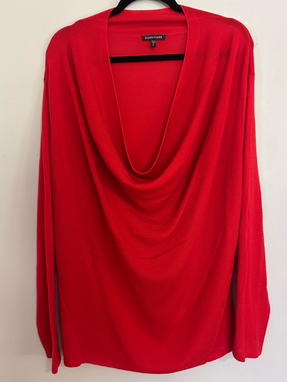 Eileen Fisher Red Merino Wool Drape Front Cowl Neck Sweater XL Minimal Luxury